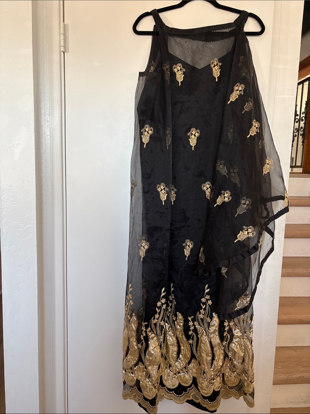 Black & Gold Satin Custom Made Vintage 2PC Embroidered Maxi Dress Large
